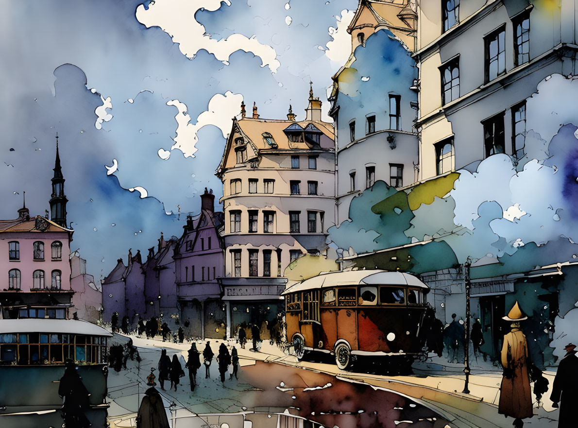 Vintage-style illustration of bustling street scene with old-fashioned bus, pedestrians, and historical buildings under cloudy sky