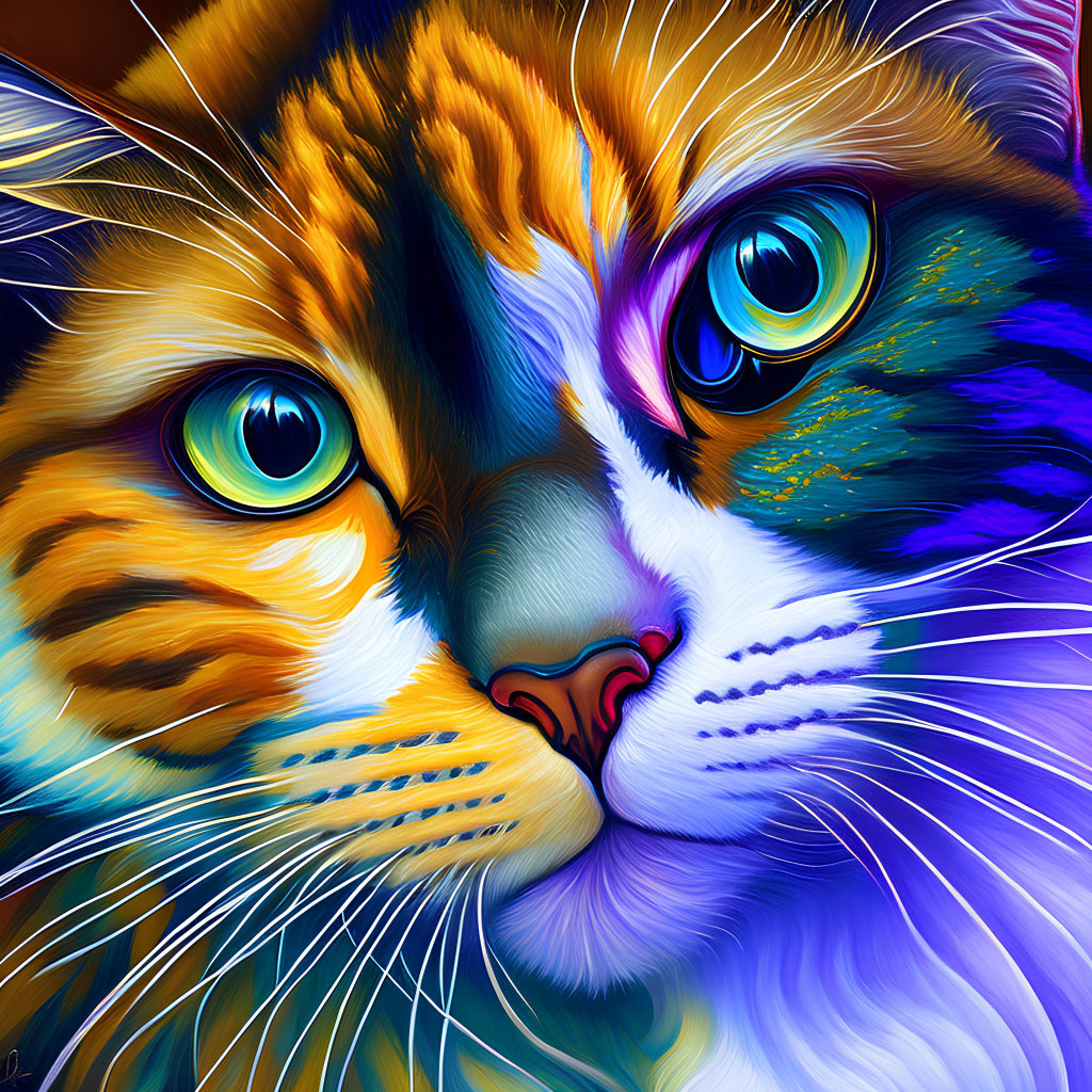 Colorful Digital Artwork: Cat with Striking Blue Eyes and Vibrant Fur