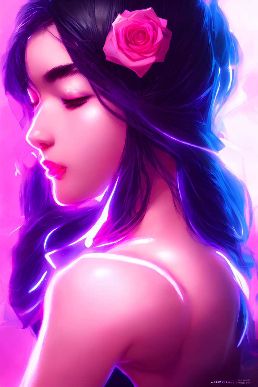 Vivid purple and pink digital artwork of a woman with a rose in her hair