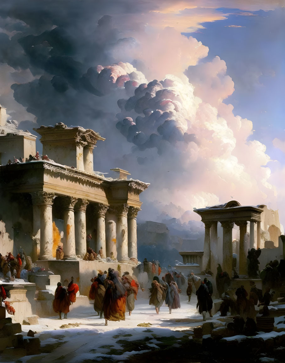 Ancient ruins painting with stormy sky and classical figures