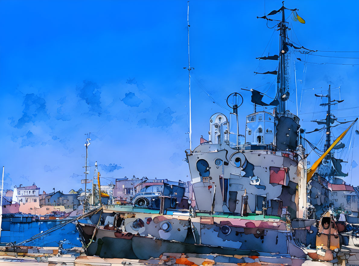 Naval ship in harbor with blue sky and watercolor texture