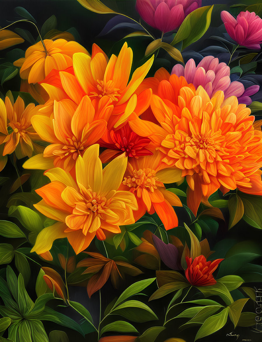 Colorful digital artwork: Orange and pink blossoms in lush green foliage on a dark background