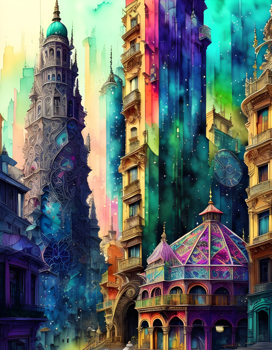 Architectural cityscape with neon aurora sky & vivid colors