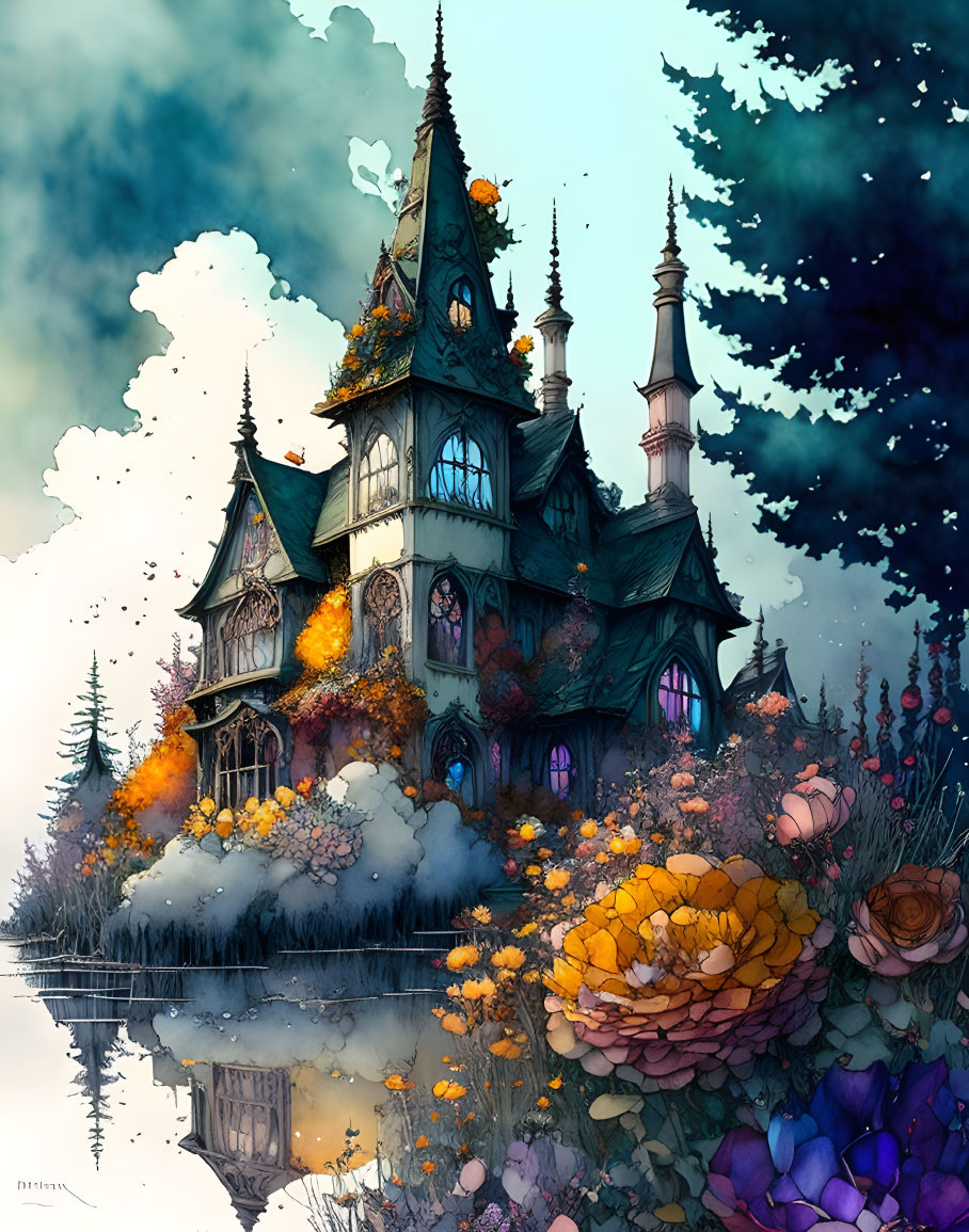 Illustration of fairy tale house with spires in a starry sky