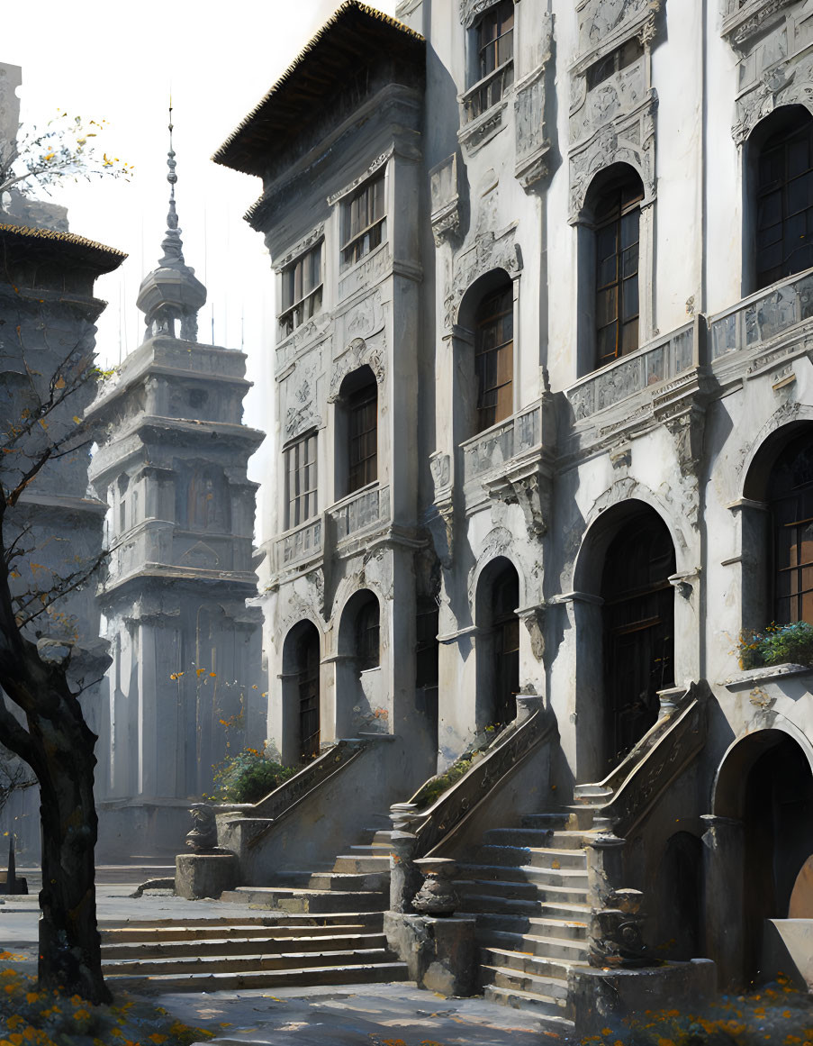 Sunlit old building with archways, staircase, pagoda, yellow leaves, and bare tree