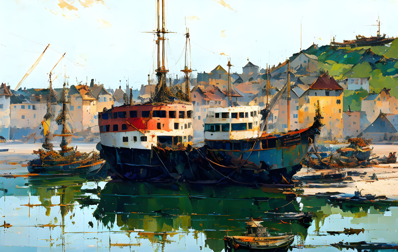 Rustic ships at peaceful dock with colorful buildings and clear sky