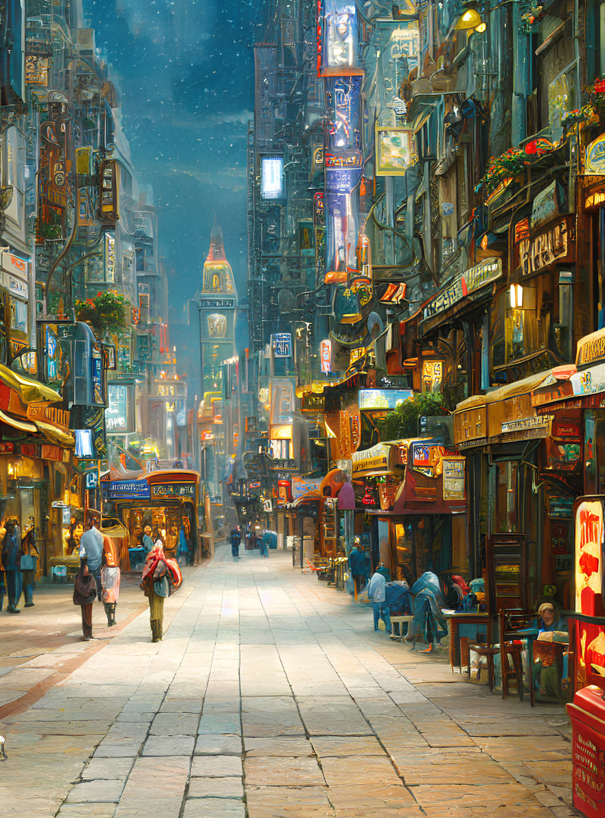 Urban street scene with high-rise buildings and futuristic vibe