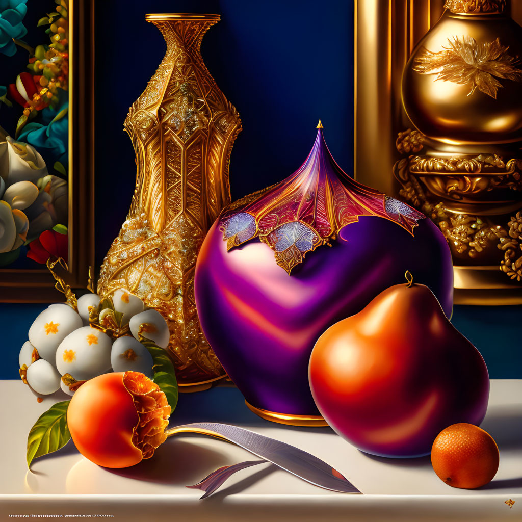 Glossy purple vase, ripe fruit, silver fork, and golden frames in still life.