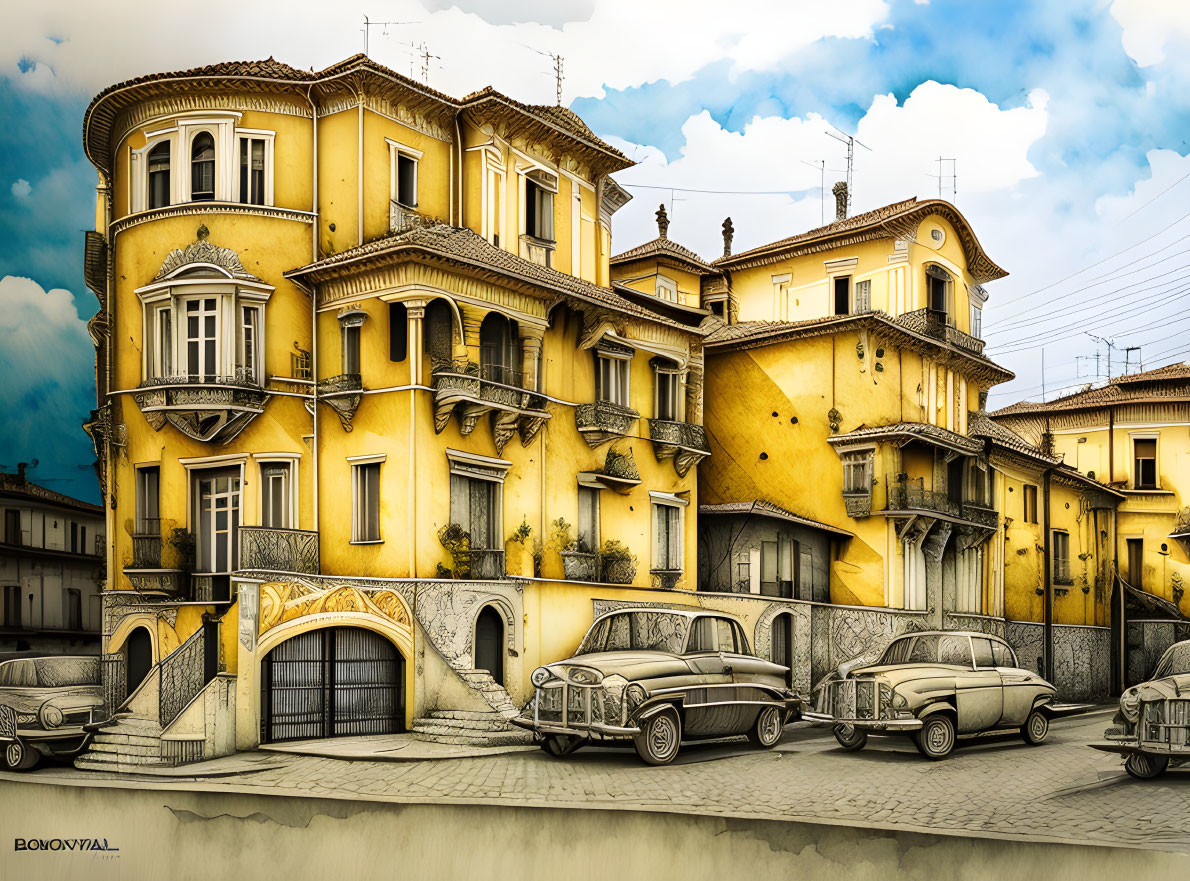 Vintage Yellow European Building with Classic Cars in Realistic-Illustrative Style