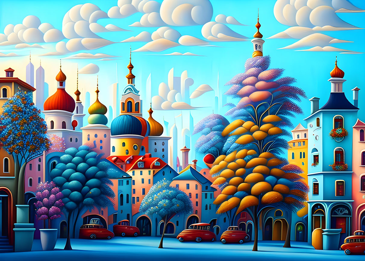 Colorful, whimsical landscape with vibrant trees and stylized buildings