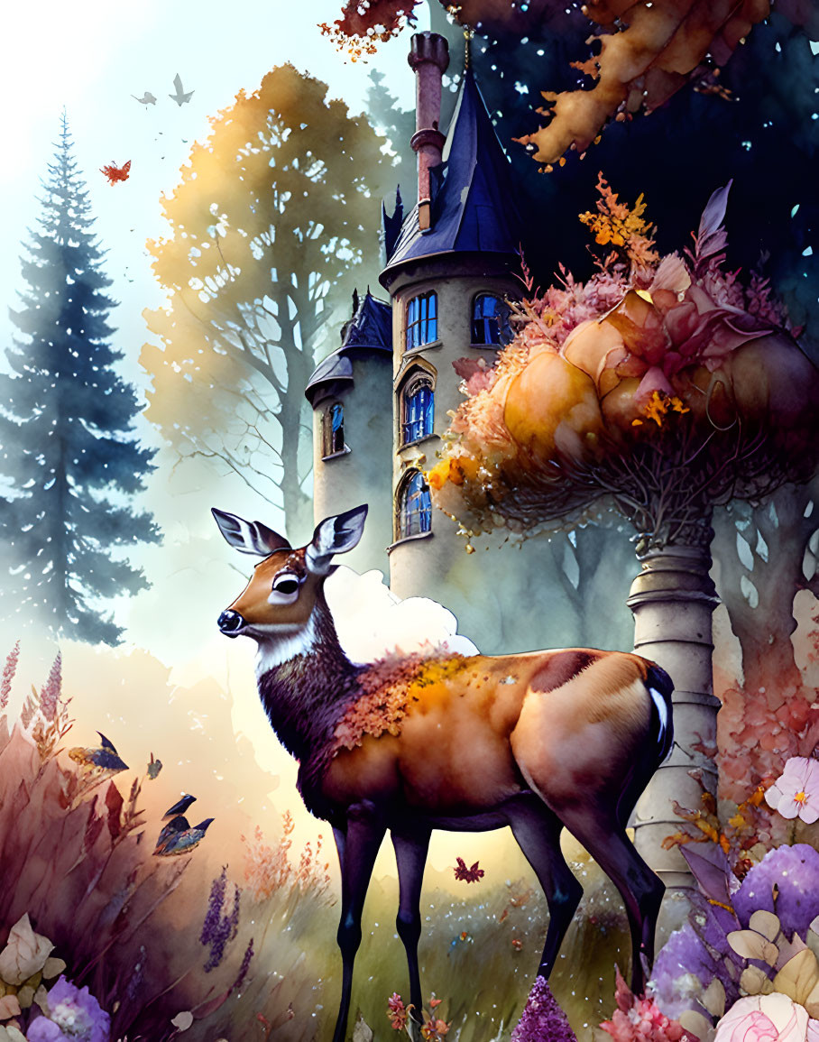 Enchanting deer in magical forest with castle, autumn trees, and flowers