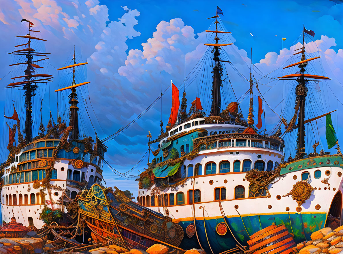 Vibrant fantasy illustration of ornate ships in harbor