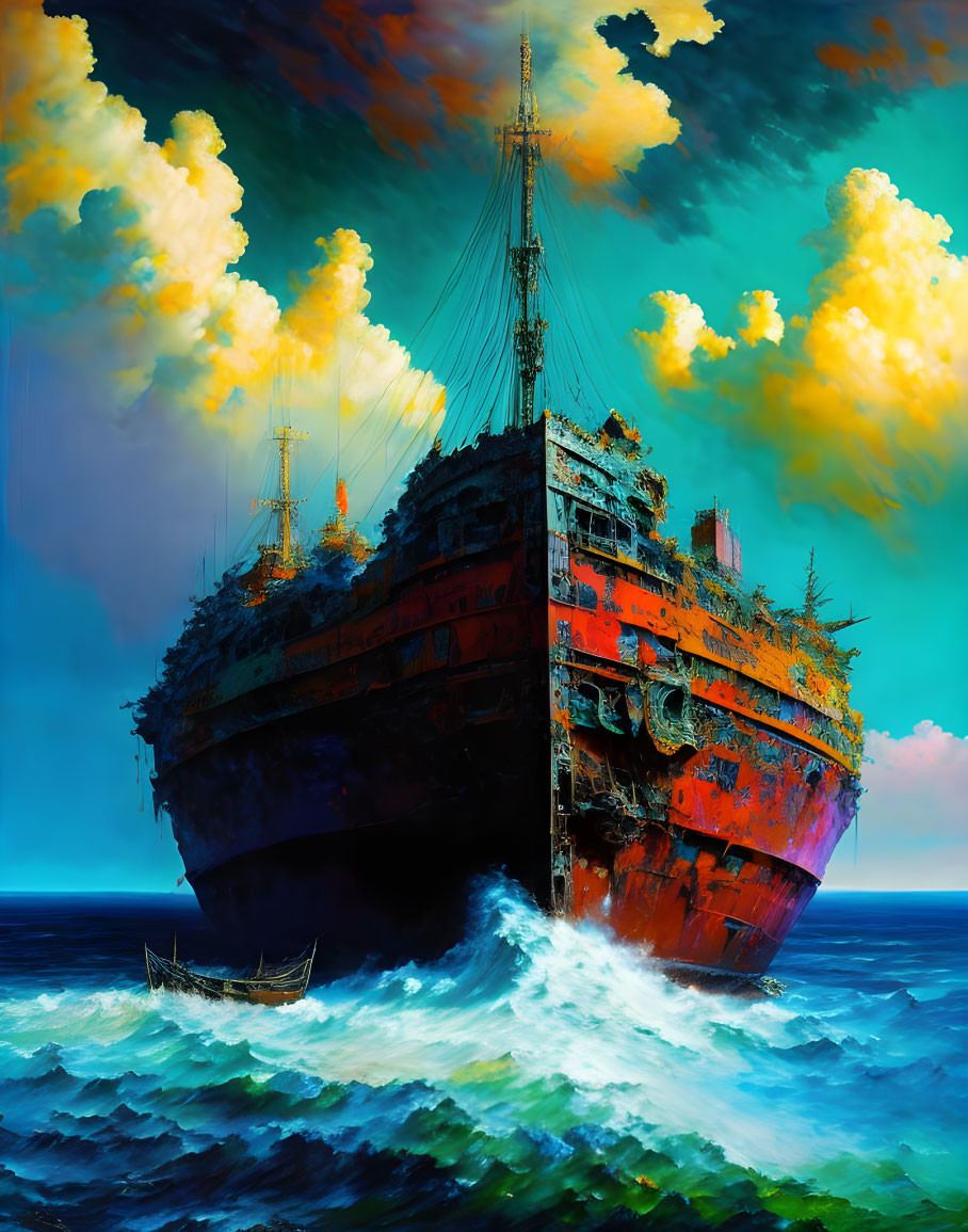 Colorful artwork: Rusting ship in stormy ocean with small boat, dramatic sky.