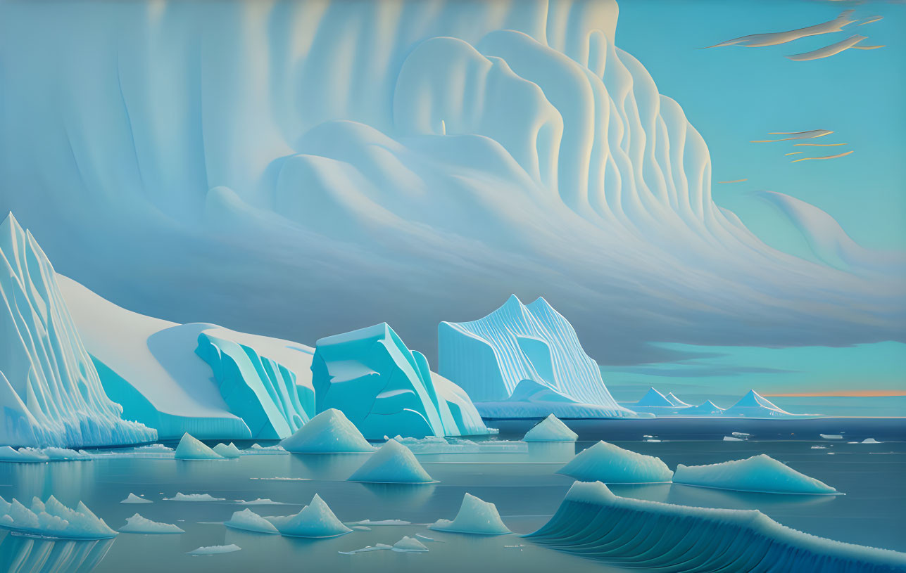 Surreal Arctic scene with stylistic icebergs, waves, birds, and dreamy sky