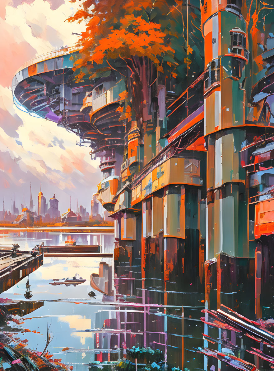 Futuristic cityscape with autumnal tree, towering buildings, elevated platforms, and waterways.