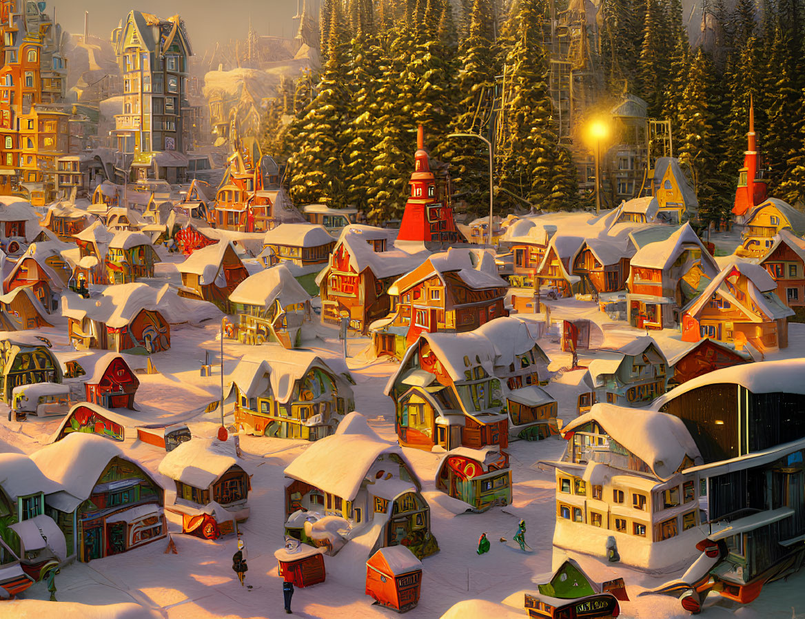 Winter village sunset scene with colorful houses, snow-covered roofs, lighthouse, and snowy day activities.