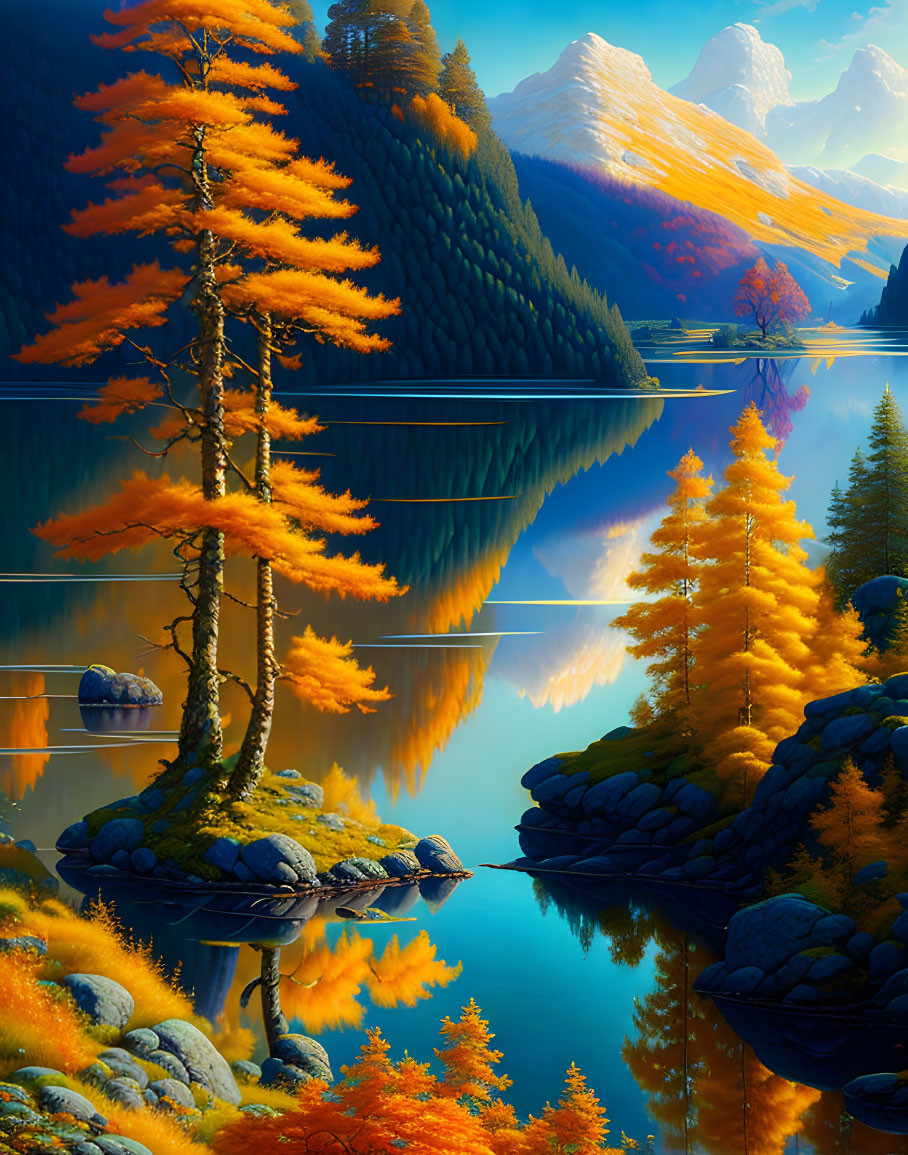 Tranquil autumn landscape: vibrant orange trees, still lake, mountains, clear blue sky