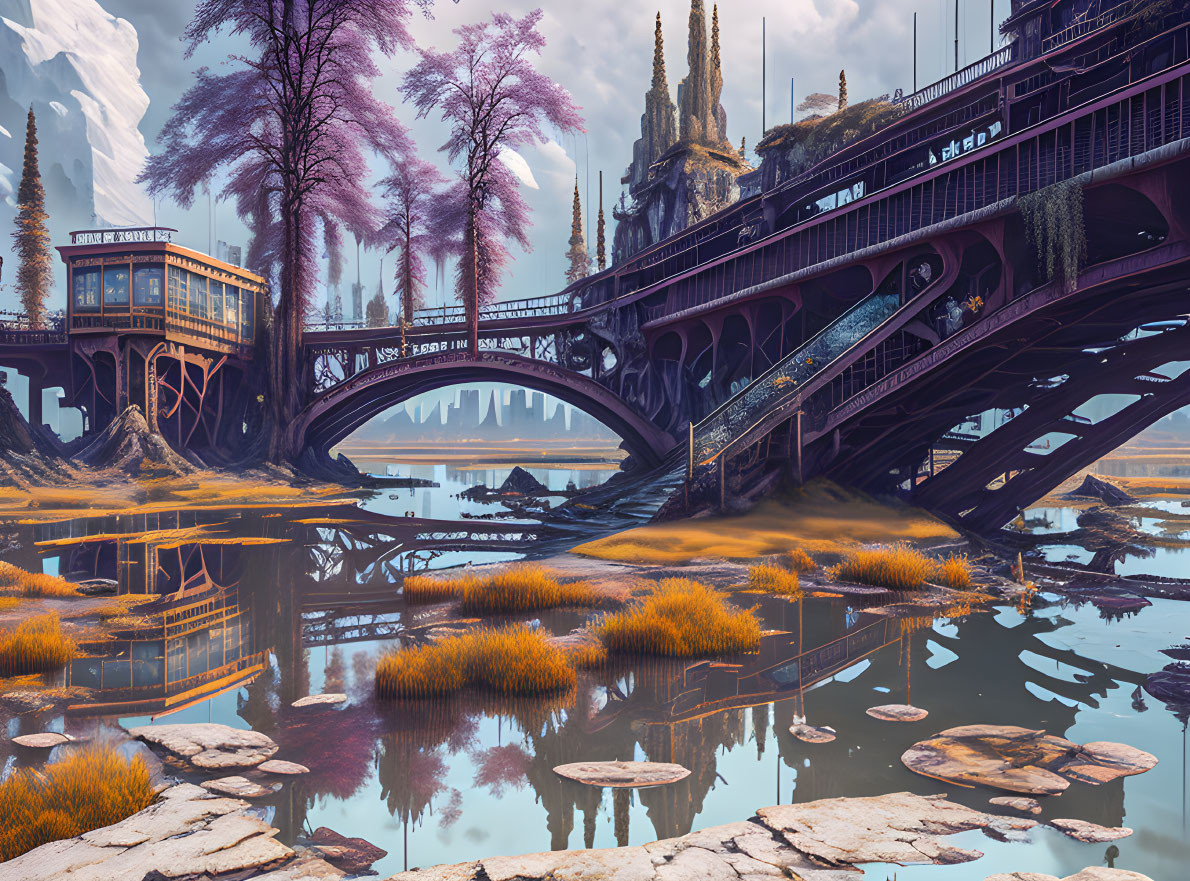 Purple bridge over reflective water in futuristic cityscape