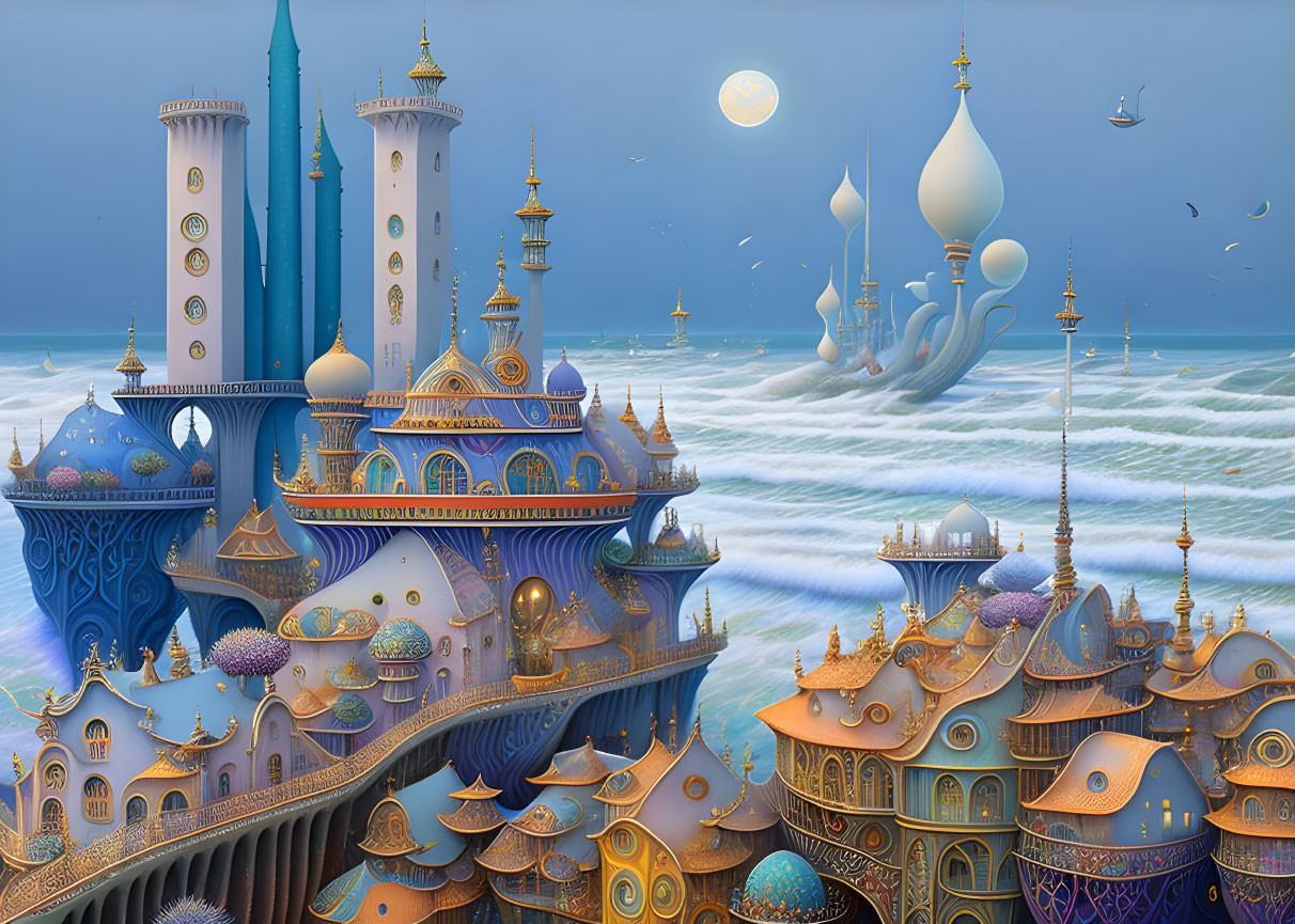 Colorful cityscape with ornate buildings against moonlit ocean and floating islands