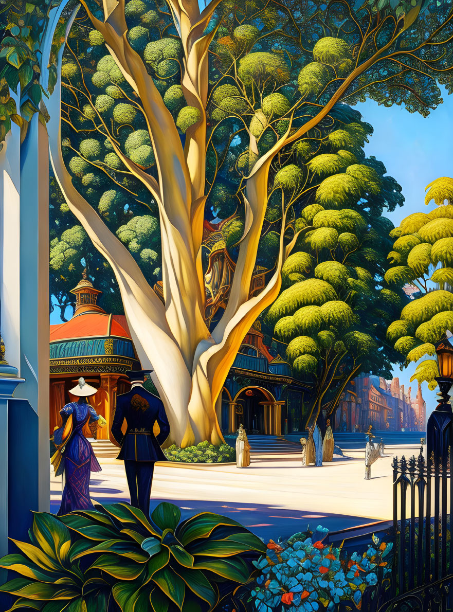 Illustration of sunny day with people near tree, greenery, gazebo, architecture, blue sky