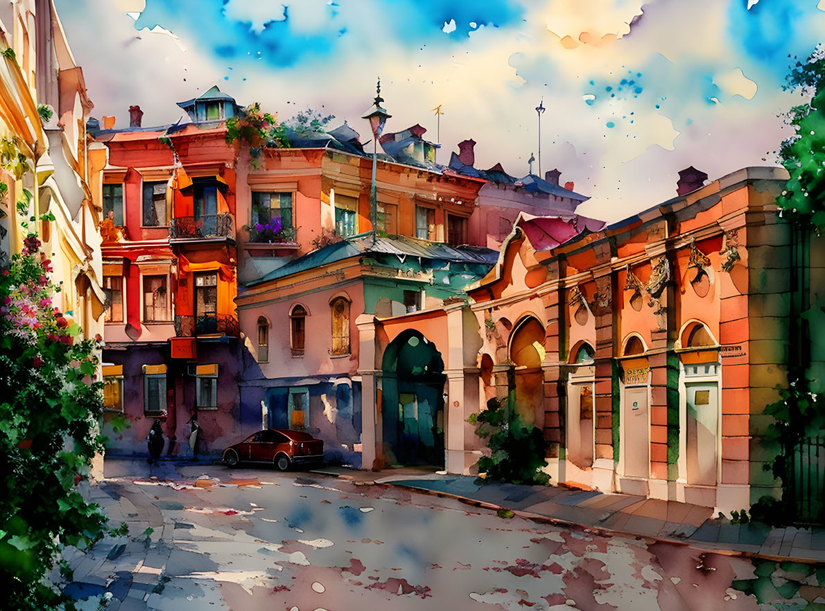 Colorful Watercolor Painting of Quaint Street Scene