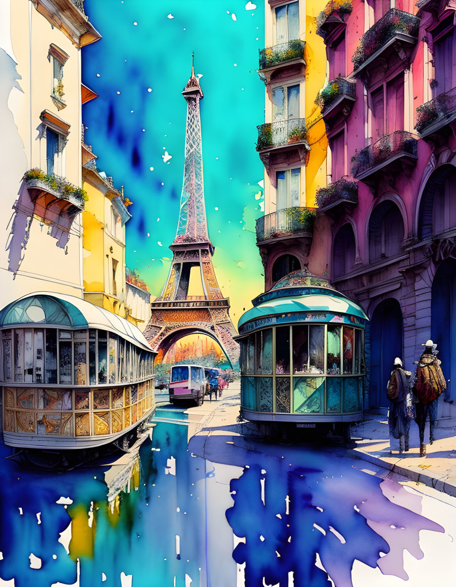 Colorful Parisian street scene with Eiffel Tower, trams, and reflection.