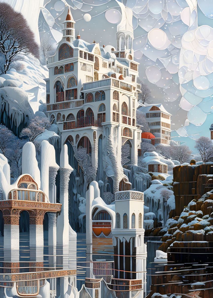 Fantasy castle with arches and ice formations in snowy landscape