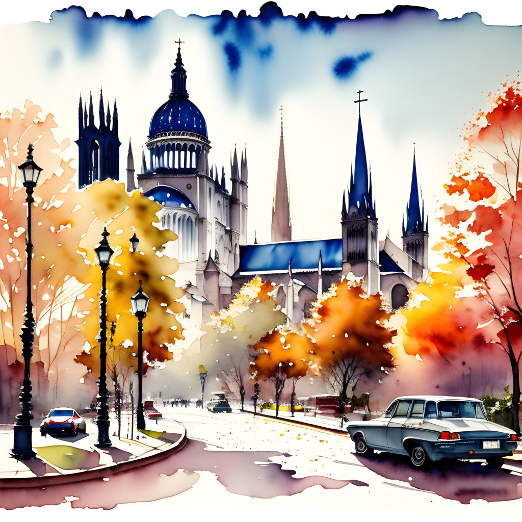 City Street Watercolor Illustration with Autumn Trees and Vintage Cars