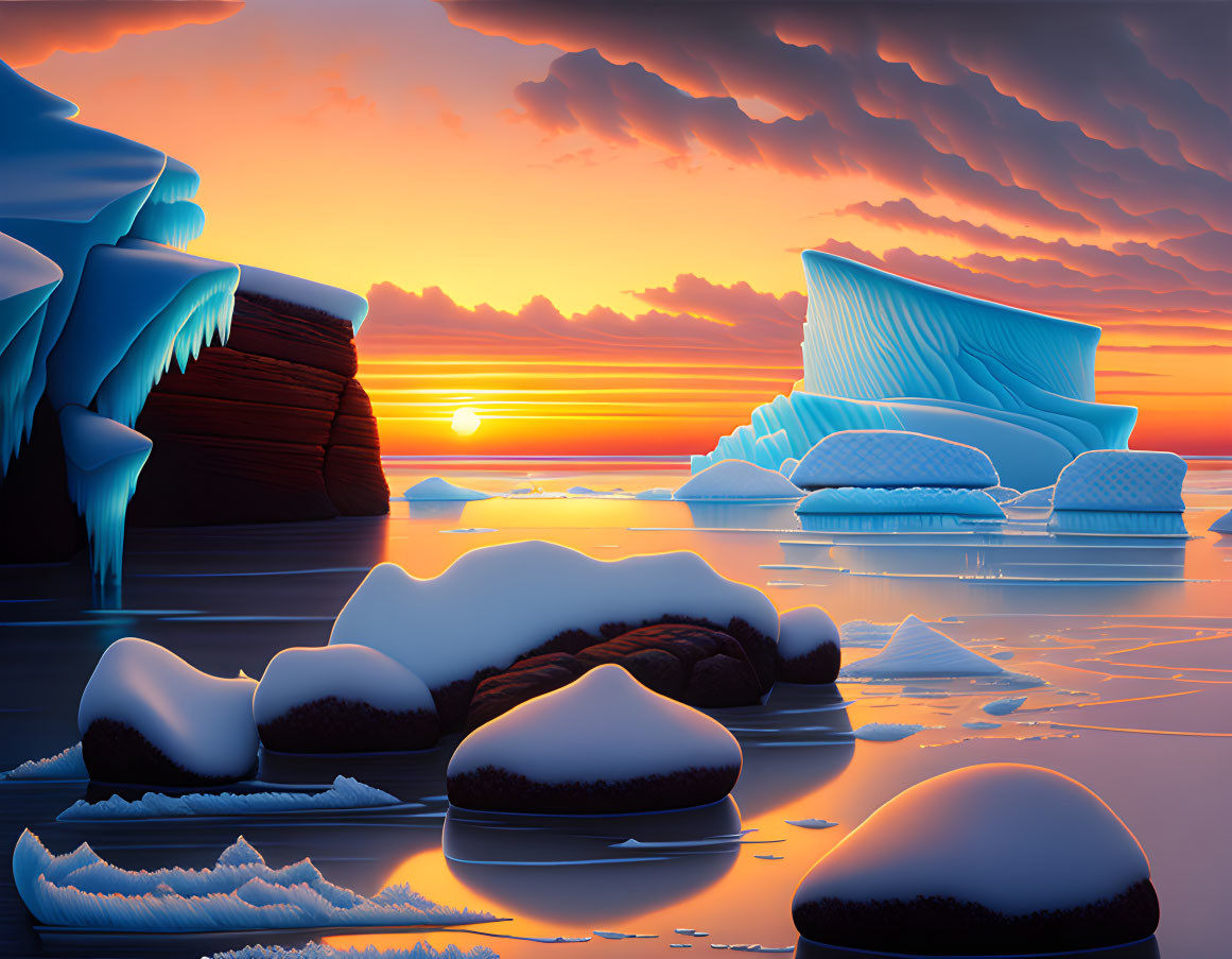 Surreal Arctic landscape with icebergs and sunset sky