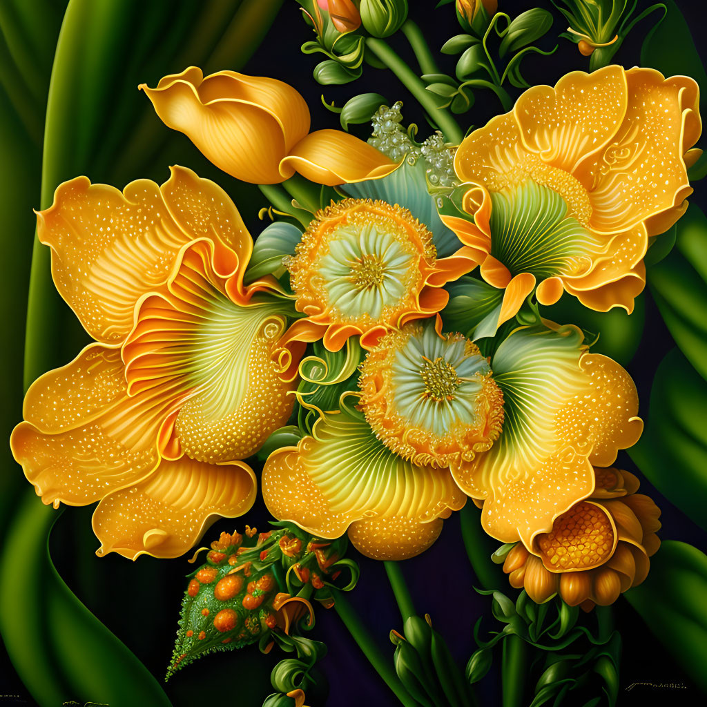 Colorful digital artwork: Yellow-orange flowers, green foliage, textures, water droplets on dark backdrop