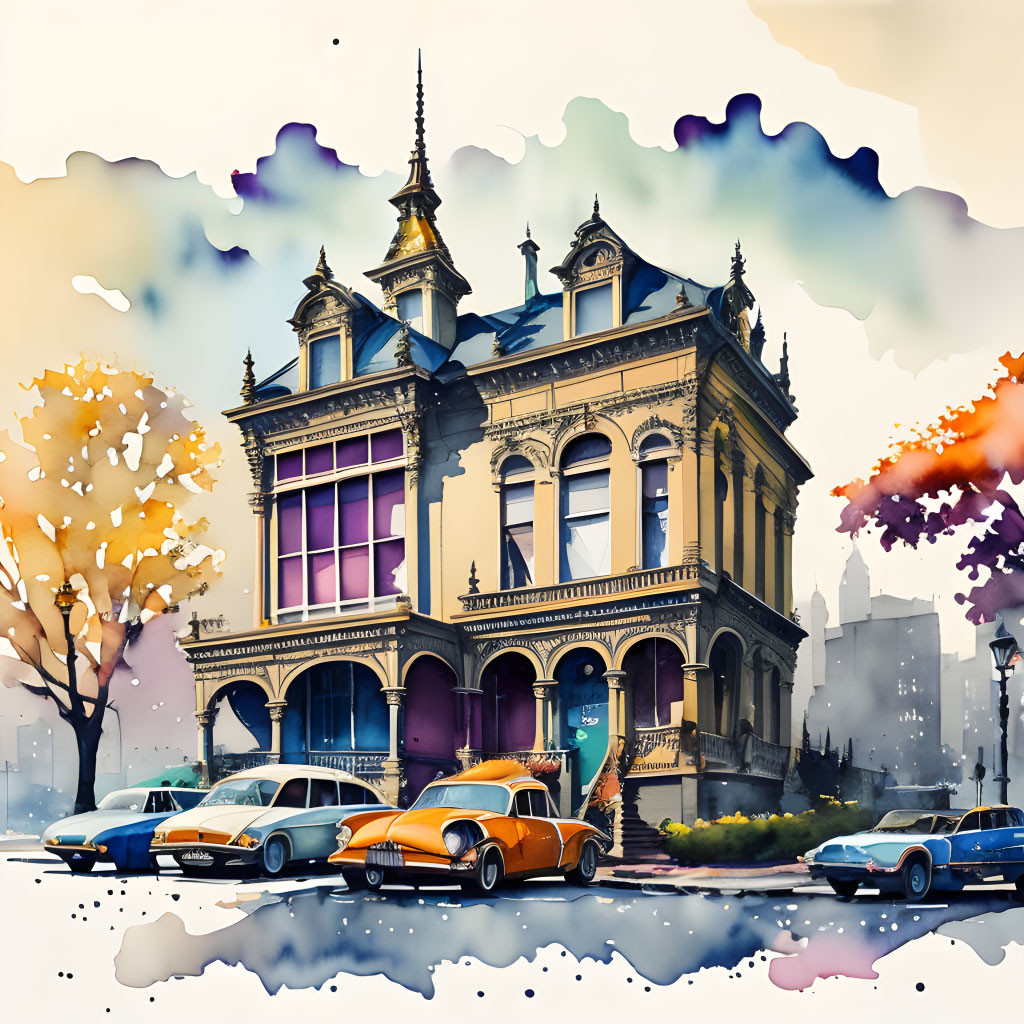 Colorful watercolor of vintage building with classic cars and autumn trees