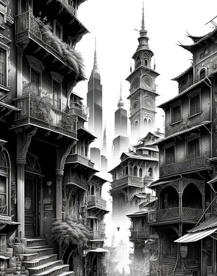 Detailed black and white cityscape illustration with traditional and futuristic buildings blending old and new styles.