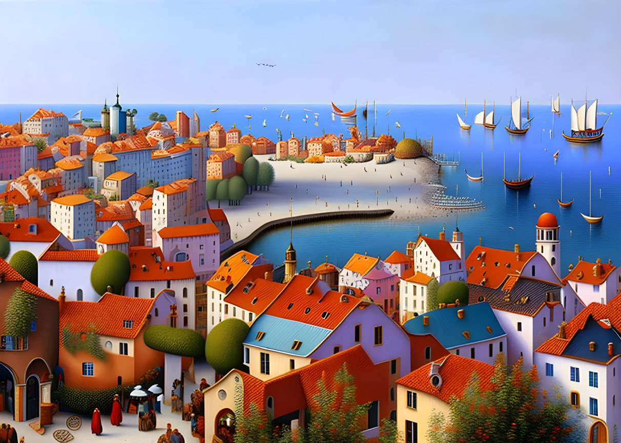 Vibrant coastal town illustration with terracotta rooftops, curved pier, boats, azure waters