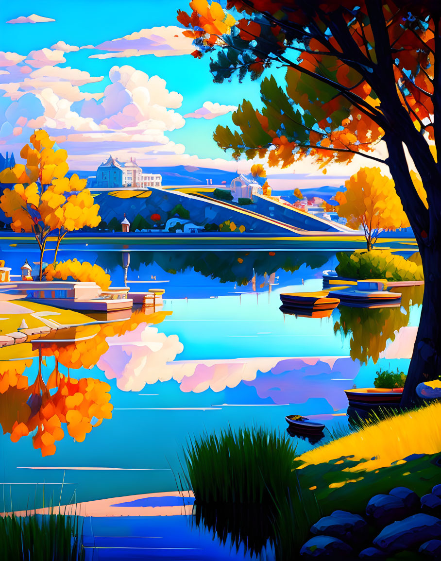 Scenic autumn lake view with colorful trees and boats