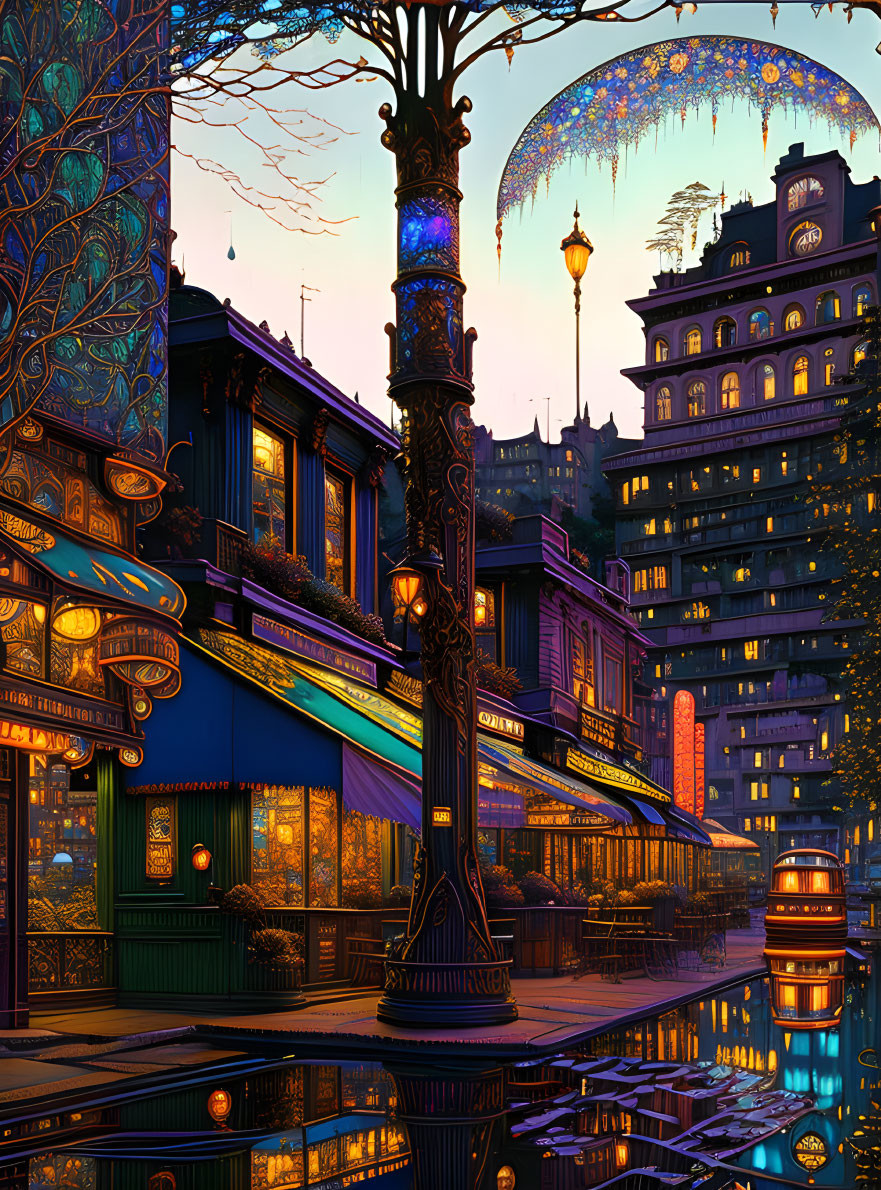 Cityscape at Dusk: Vibrant Illumination and Ornate Buildings