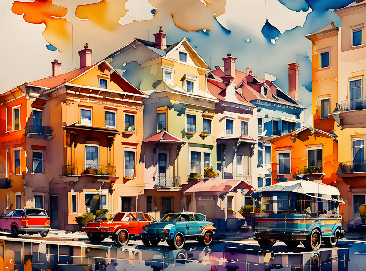 Colorful vintage cars and buildings on a street with a surreal, melting sky reflected in water