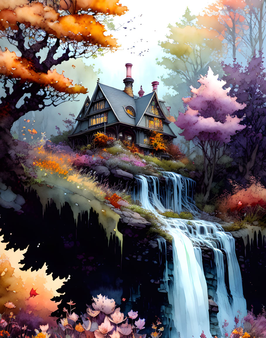 Victorian house on waterfall with autumn trees in mystical forest