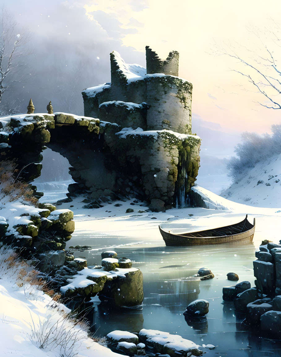 Winter landscape with stone bridge, ruins, frozen river, boat, and snow-covered rocks.