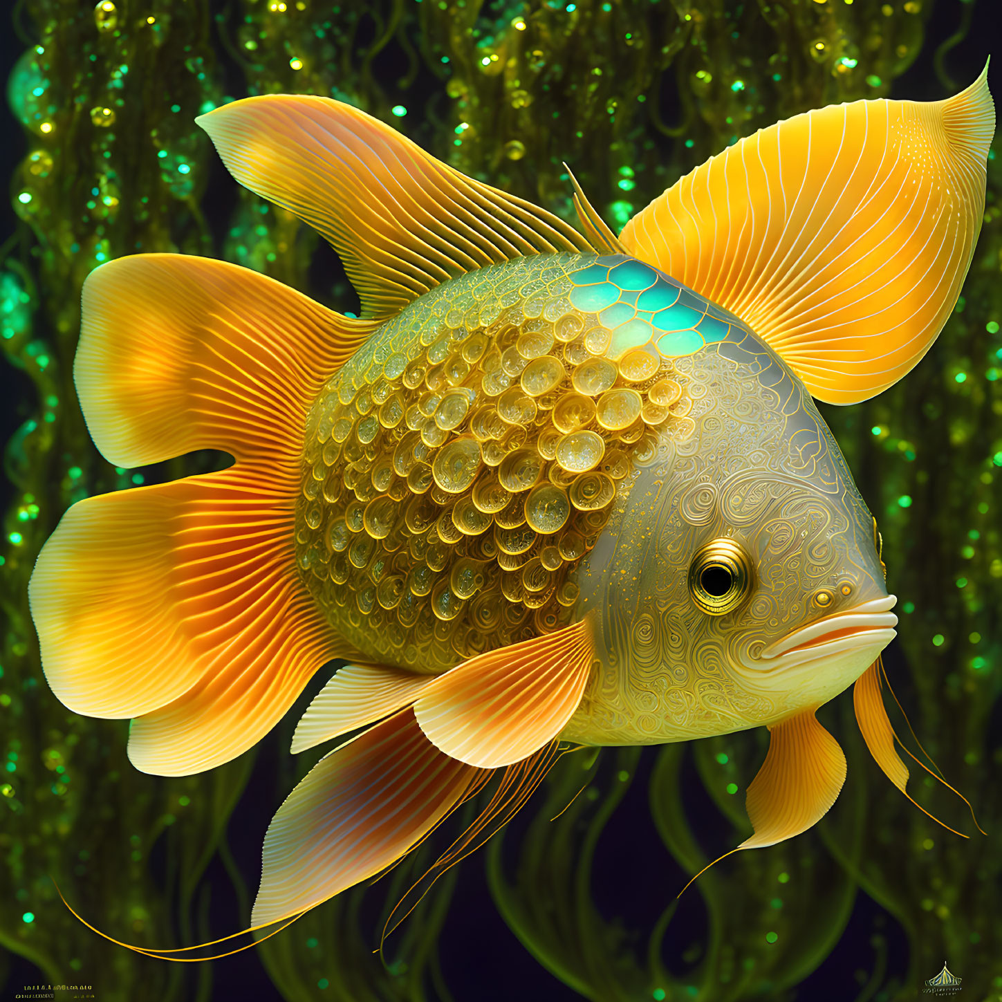 Fantastical fish with golden scales on dark background