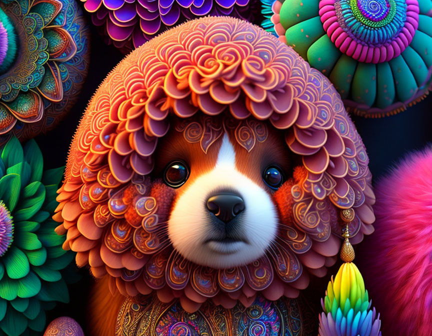 Whimsical dog with colorful, petal-like fur on vibrant background