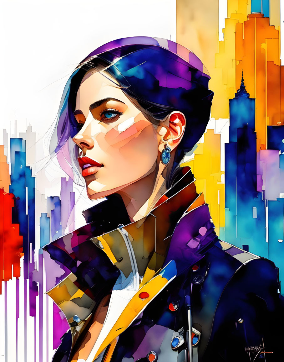 Stylized woman with blue eyes in colorful cityscape background