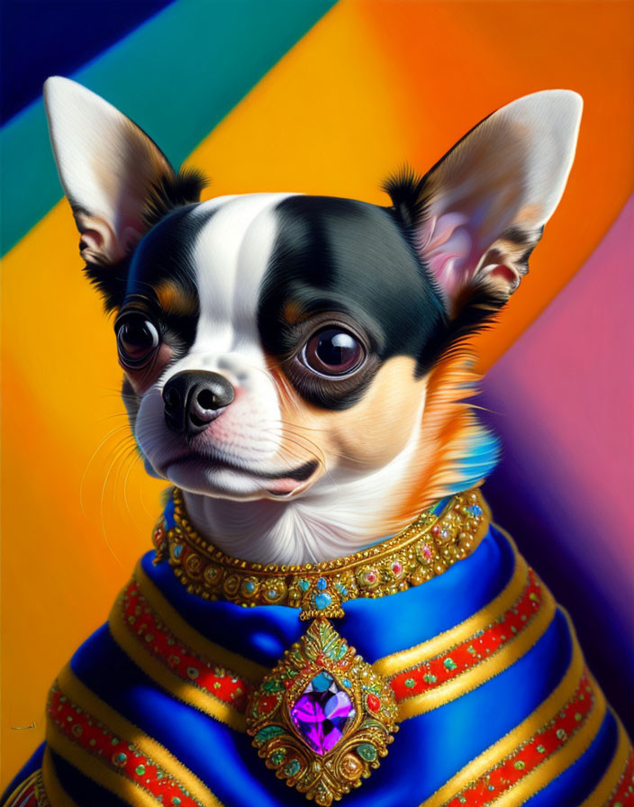 Stylized portrait of Chihuahua in royal blue costume