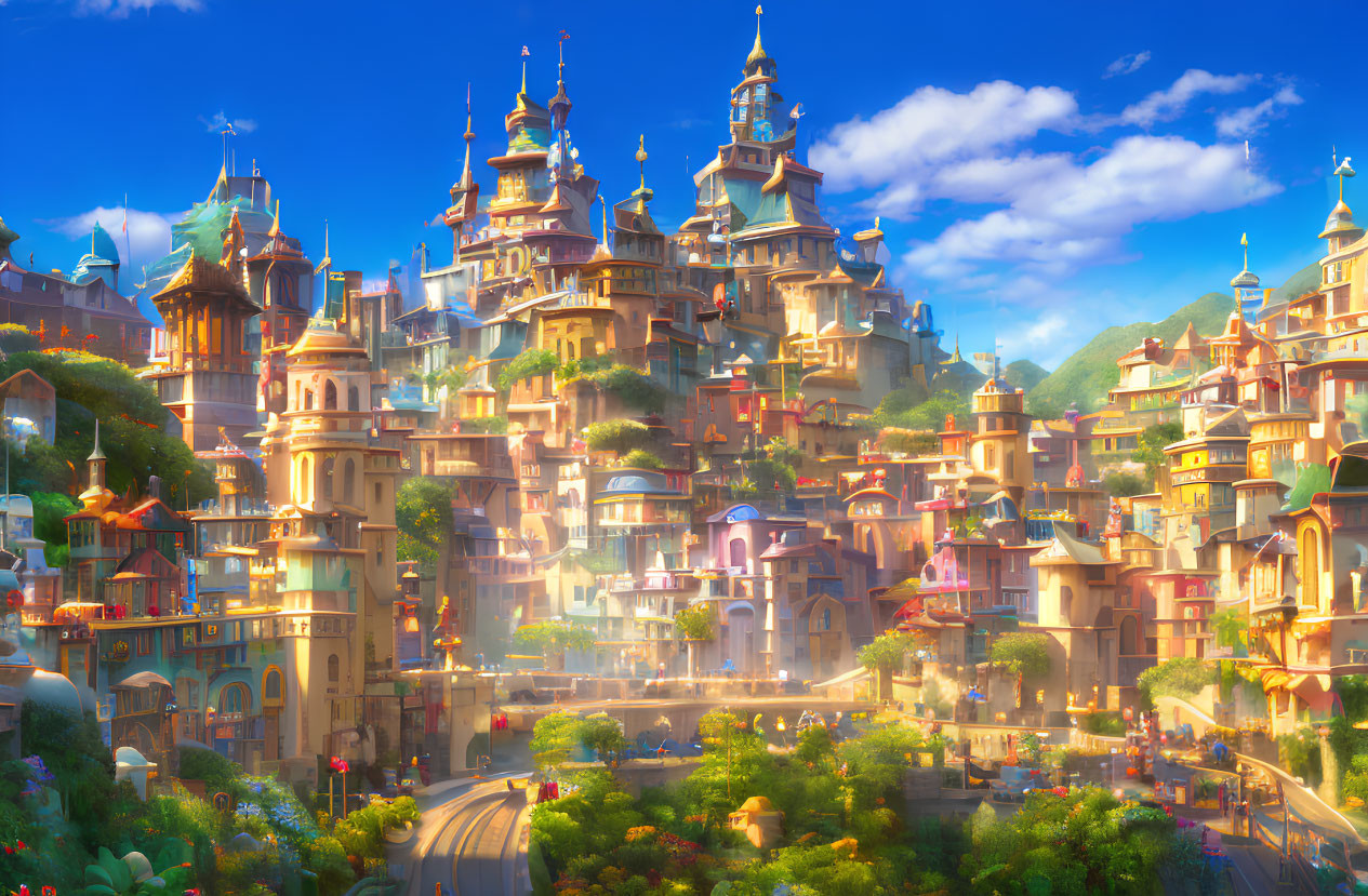 Fantasy cityscape with whimsical architecture and lush greenery