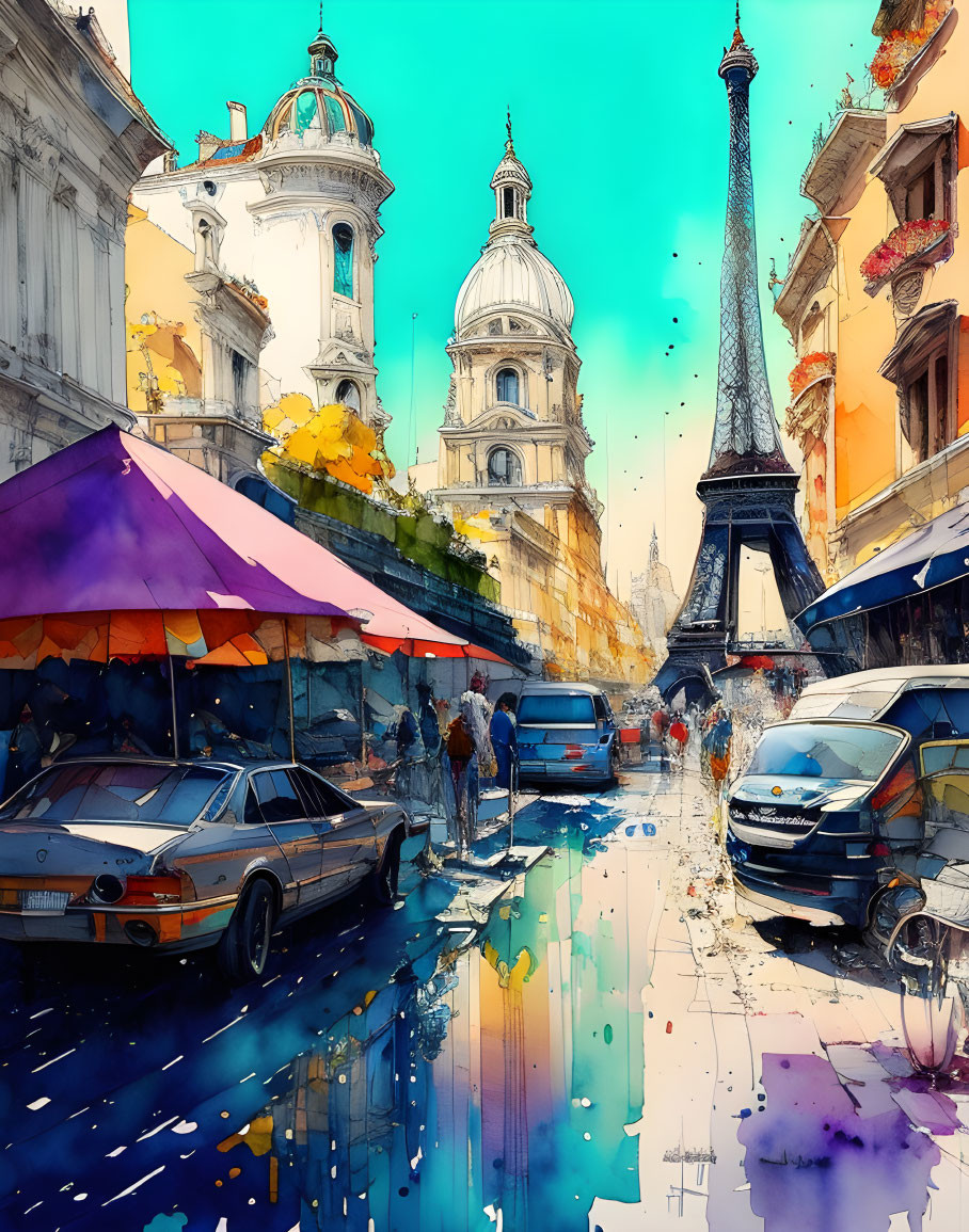 Colorful city street scene with iconic landmarks and classical architecture.