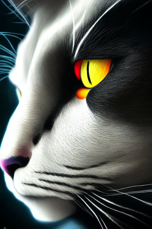 Detailed Black and White Cat Digital Art with Yellow Eyes