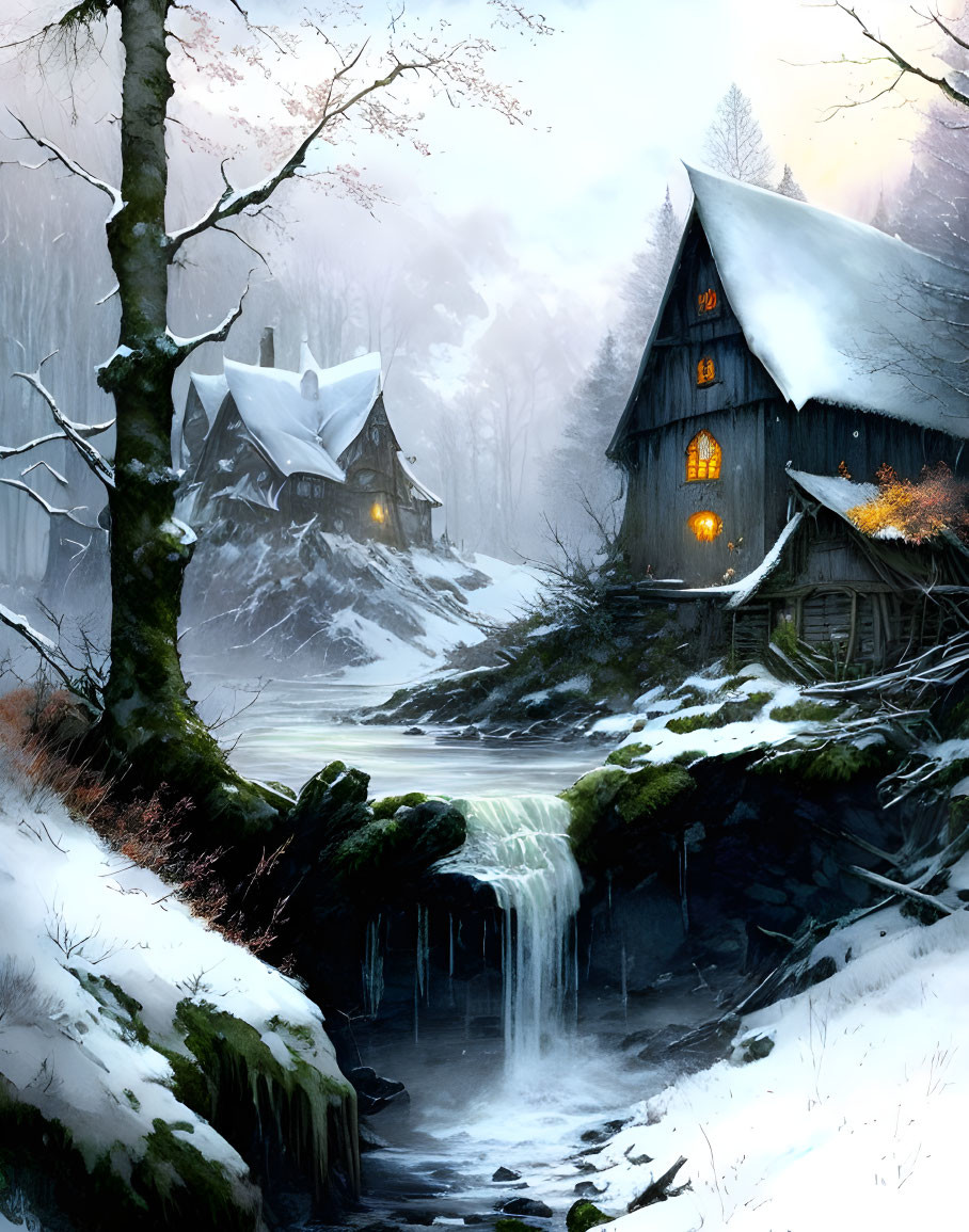 Winter forest cottages near misty waterfall with warm glowing lights