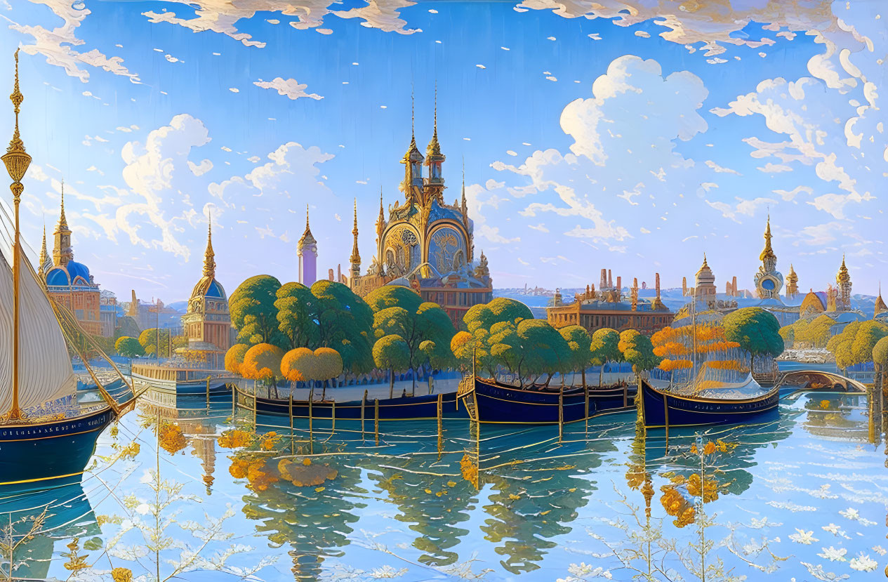 Vividly colored fantasy cityscape with ornate buildings and sailboats on a calm river