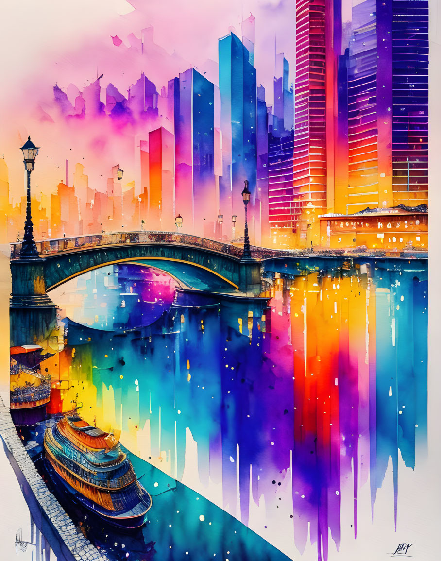 Colorful Watercolor Cityscape with Sunset Reflections and Bridge