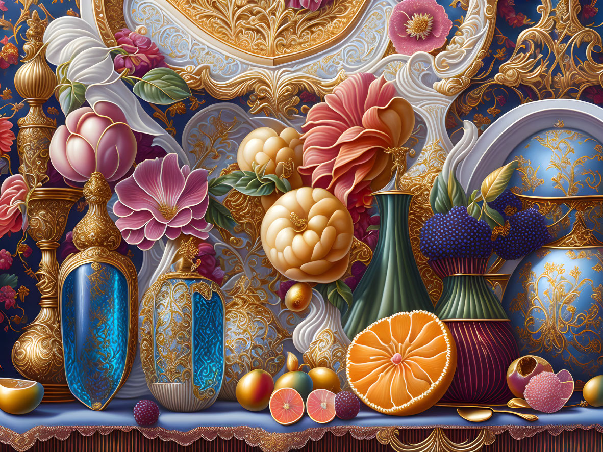 Ornate still-life with decorated vases, bowls, and fruit against baroque backdrop