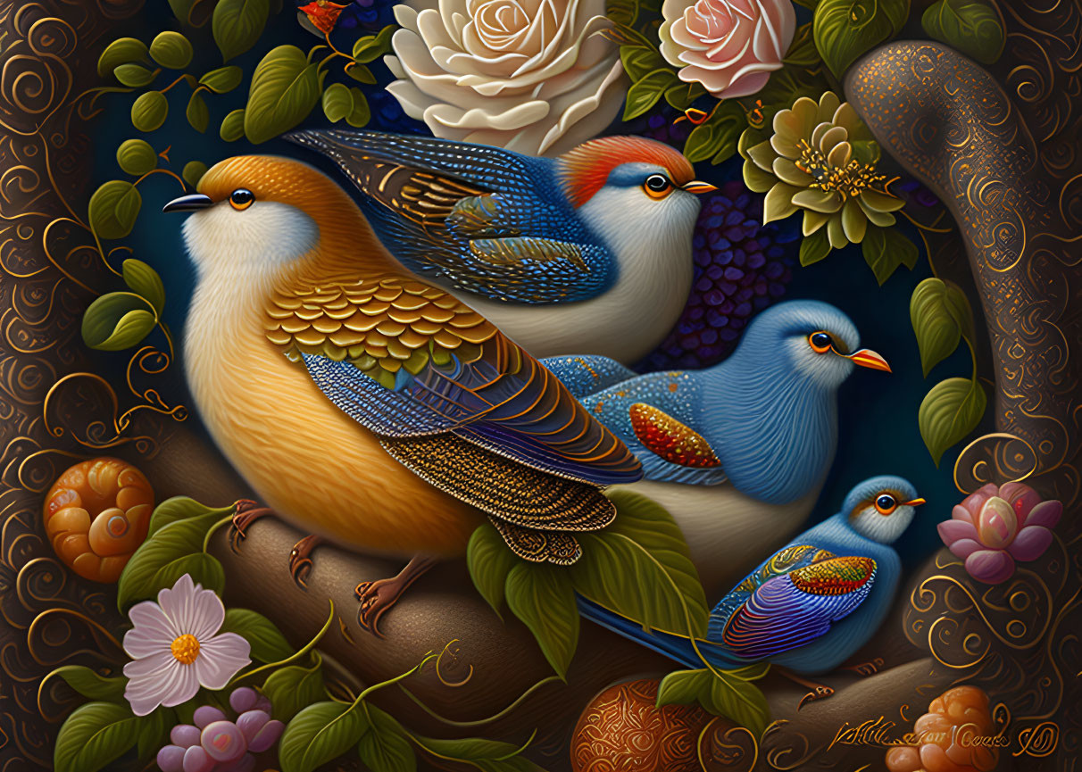 Baroque-style ornate image of stylized bird family among vibrant flowers